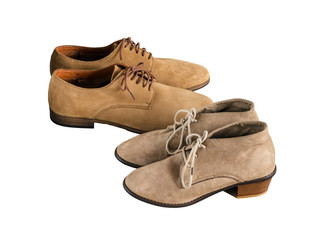Woman and Man Suede Shoes Isolated on White