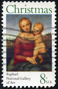 Stamp printed in USA shows the Small Cowper Madonna, by Raphael