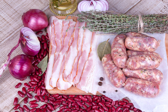Red beans, thyme, sausages and bacon