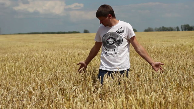 farmer admires wheat field