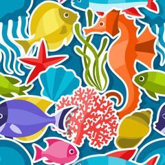 Fototapeta na wymiar Marine life sticker seamless pattern with sea animals.
