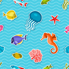 Marine life sticker seamless pattern with sea animals.