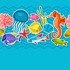 Obraz premium Marine life sticker seamless pattern with sea animals.