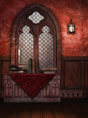 Stół ze starymi księgami na tle okna © Obsidian Fantasy