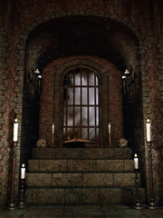Fototapeta na wymiar Okno w starej krypcie z czaszkami, świecami i księgami