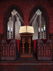Wnętrze kaplicy ze starą księgą i świecami