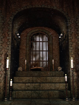 Okno w starej krypcie z czaszkami, świecami i księgami