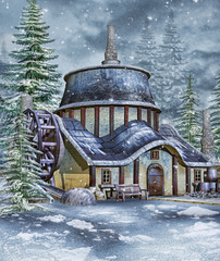 Stary młyn w zimowym lesie © Obsidian Fantasy