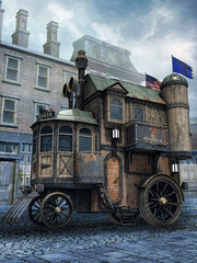 Dom na kołach na tle ulicy starego miasta © Obsidian Fantasy