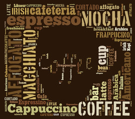 Word cloud of words related to coffee in shape of coffee mug