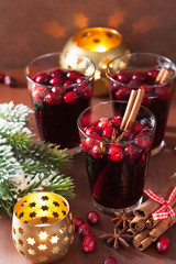 glass of mulled wine with cranberry and spices, winter drink