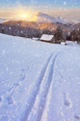 Ski track on snow.