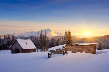 Hut in the mountains in winter