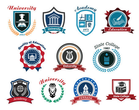 University, academy and college emblems or logos set