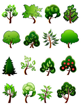 Set of  cartoon green plants and trees