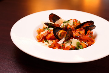 Seashell and shrimp appetizer mix in restaurant