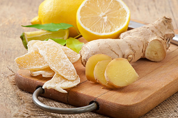 Fresh ginger root, candied ginger and lemon