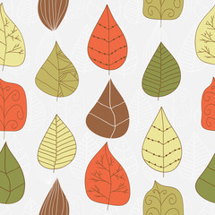 Seamless pattern. Cute multicolor hand drawn leaves.