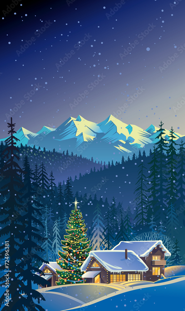 Wall mural Winter Christmas landscape.