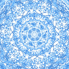 Watercolor gzhel. Doily round lace pattern, circle background wi