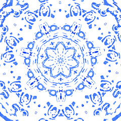 Watercolor gzhel. Doily round lace pattern, circle background wi