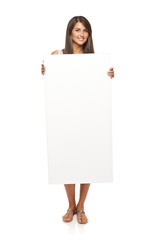 Woman showing blank copy space