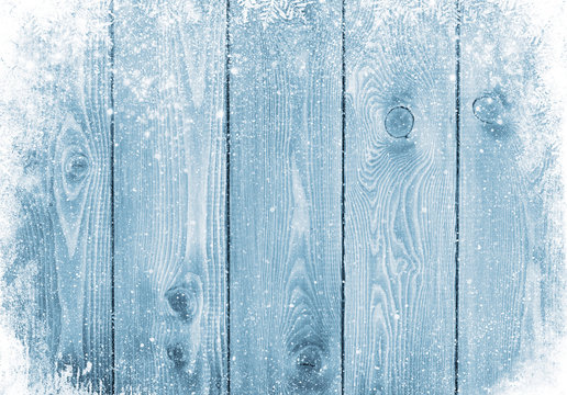 Blue wood texture with snow