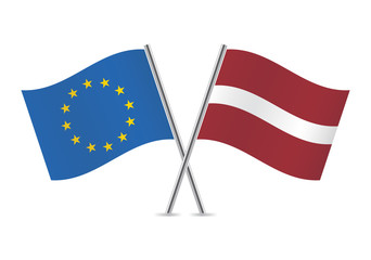 European Union and Latvian flags. Vector illustration.