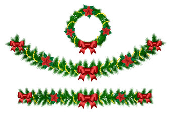 Christmas vector garland from needles, lights, ribbons - 72497974