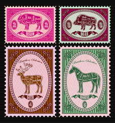 set of vector postage stamps with boar, bison, deer, horse