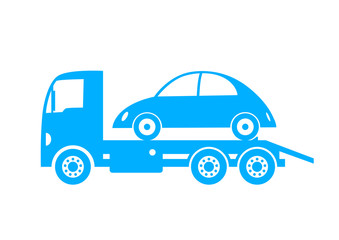 Blue tow truck and car on white background