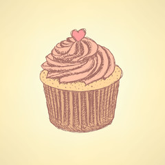 Sketch tasty cupcke in vintage style