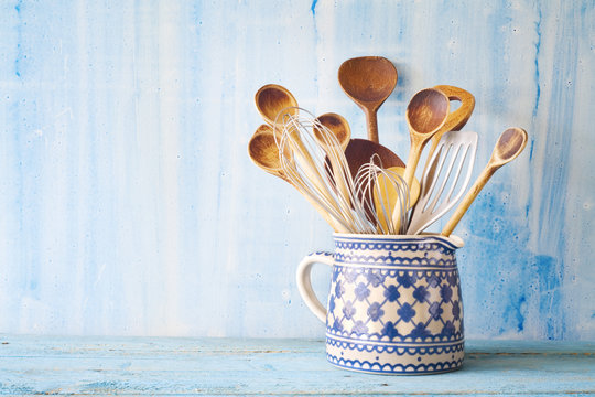 kitchen utensils, wooden spoons, free copy space