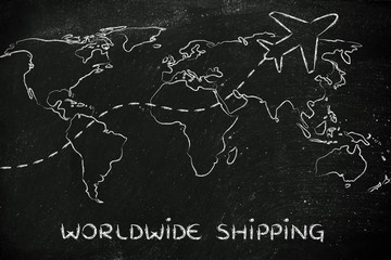 worldwide shipping: world map with airplane routes
