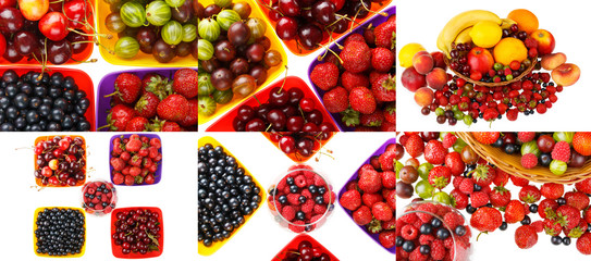 colored berries in bowls and white background