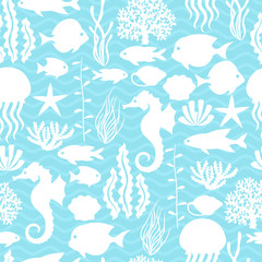 Naklejka na ściany i meble Marine life seamless pattern with sea animals.