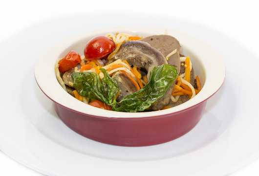 Braised lamb tongues with pasta and vegetables
