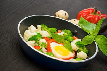 scrambled eggs with vegetables in a frying pan close-up