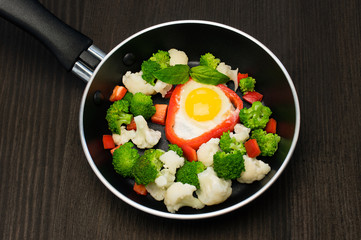 scrambled eggs with vegetables in a frying pan
