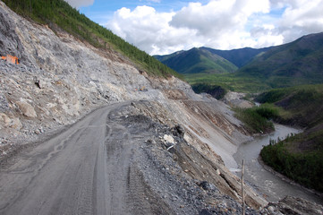 Gravel road Kolyma to Magadan highway at Yakutia