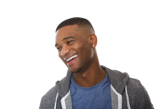 Close up portrait of a handsome young black man laughing