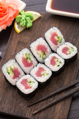 Sushi rolls with tuna and cucumber
