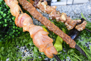 Raw meat on skewers of vegetables