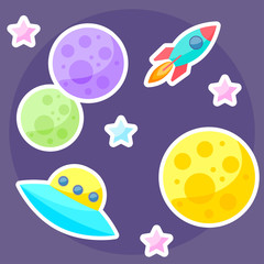 vector space cover with colorful planets, ufo and spaceship