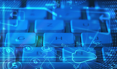 Fototapeta premium Keyboard with glowing cloud technology icons