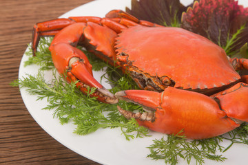 Steamed red crab on a plate