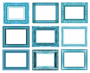 set 9 of vintage blue frame isolated on white background.