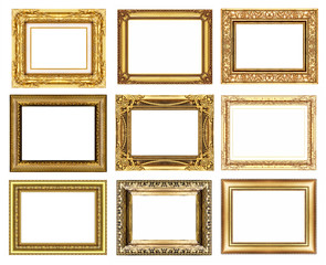 set 9 of vintage gold frame isolated on white background.