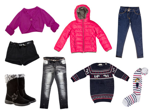 Winter kid's clothes collage.Isolated.