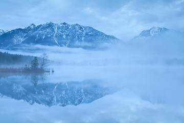 Fototapeta na wymiar Karwendel Alps reflected in lake Barmsee